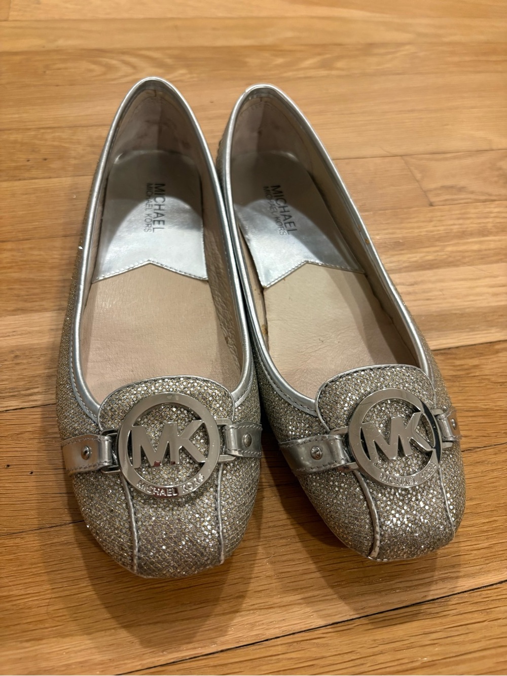 Michael Kors Silver Glitter MK Emblem Loafers